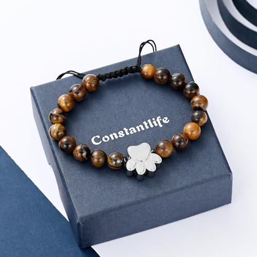 constantlife Cremation Bracelet for Pets Ashes - Dog Paw Pendant Bangle Stainless Steel Memorial Urn Jewelry - color: Tiger Stone-Silver