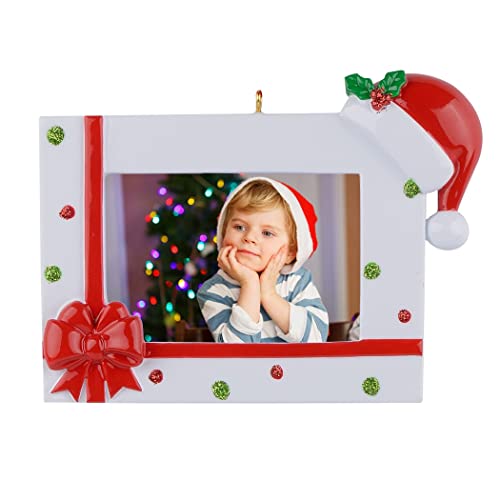 Personalized Christmas Ornament Photo Frame Santa Hat Gift Box | Custom Photo Keepsake, Baby First Christmas, Easel Back Stand, Tree and Desk Display, Pet Family Couple Gift, Red Bow Frame