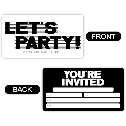 Let's Party Invitation Cards, Modern Black and White Birthday Invitations, 30 Cards with 30 Envelopes