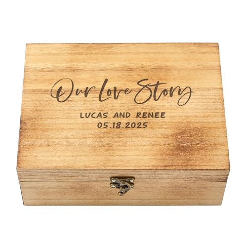 Let's Make Memories Personalized Wooden Keepsake Box With Hinged Lid - Wood Memento Box - Decorative Storage - Home Decor - For Couples, Wedding, Newlyweds - Laser Engraved - Our Love Story - style: Our Love Story