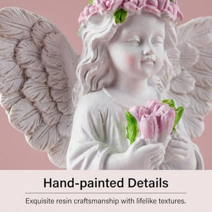 Guardian Angel Statue Angels Figurines with Pink Tulips | Resin Cherub Statue, Outdoor Statues For Garden, Sympathy Guardian Angel Gift, Angel Gifts For Women, Yard Statues - color: Tulip