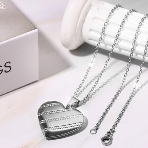 OIDEA Locket Necklace for Women: Gold Photo Lockets that Hold Picture Stainless Steel Necklace with Picture Inside Birthday Mothers Day Jewelry Gifts for Womens - color: stripes heart - silver