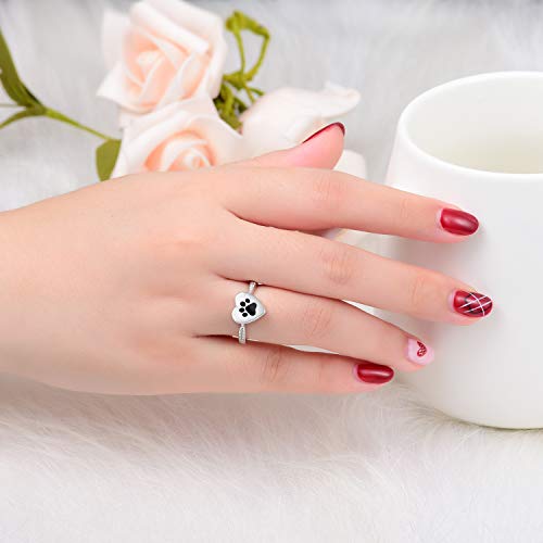 925 Sterling Silver Love Heart Urn Ring for pet Dog Cat's Ashes Keepsake Memorial Tiny Jewelry Forever in My Heart Paw Print Cremation Finger Rings - color: black