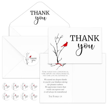 Marspark 25 Pack Funeral Thank You Cards Sympathy Envelopes, Cardinals | Bereavement Message Memorial Postcards with Stickers, for Loved Ones Family Friends, Celebration of Life - style: Cardinals