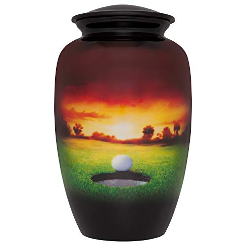 Golf Cremation Urn - Beautifully Painted Colorful Evening Round of Golf is Perfect Memorial for a Loved Golfer - Quality Funeral Urn in Aluminum - Large Burial Urn for Human Ashes Adult Size - color: Golf Ball