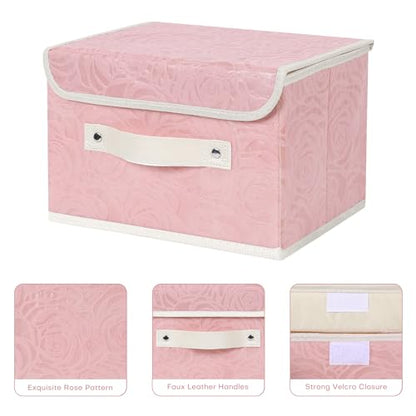 ANMINY Fabric Storage Box Bins with Lids, Rose Print, Pink, Small | Keepsake Memory Storage, Nonwoven Fabric, PP Board Frame, Washable, PU Handles, Foldable Stackable, Decorative, 10"x8"x7" - size: Small (Pack of 1)