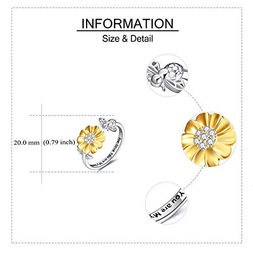 ONEFINITY Bee-Live You are My Sunshine Sterling Silver Sunflower Rings with Bee/Ladybug Open Adjustable Ring for Women