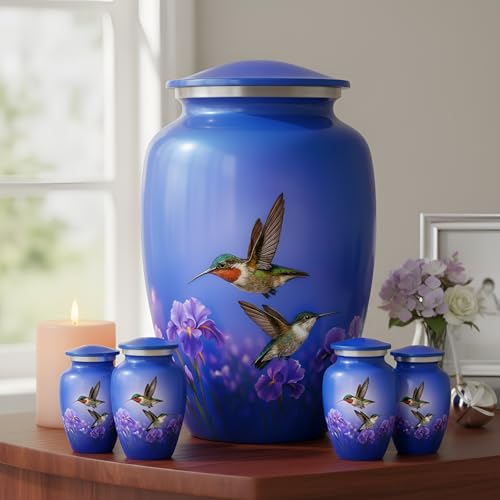 Set of 6 Hummingbird Decorative Funeral Urns for Ashes Adult Male & Female Includes 1 Large Urn with 4 Small Keepsakes & 1 Silver (Blue Hummingbird, Urns) - color: Blue Hummingbird