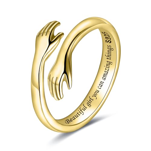 LOVECOM S925 Sterling Silver Hug Rings for Women Teen Girls Mother Daughter - color: Gold-Beautiful g@rl you can do amazing things, size: US Size 7