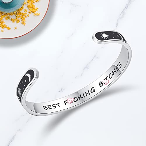 TONY & SANDY Inspirational Bracelets for Women Teen Girls Personalized Gifts for Daughter Granddaughter Mom Sister Friends Stainless Steel Engraved Cuff Birthday Easter Christmas - style: A - Friends Gifts - Sun Moon - Best f@cking Bitches