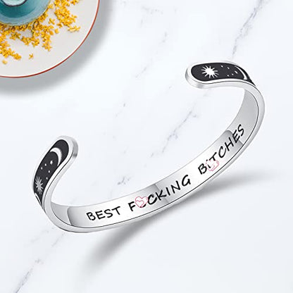 TONY & SANDY Inspirational Bracelets for Women Teen Girls Personalized Gifts for Daughter Granddaughter Mom Sister Friends Stainless Steel Engraved Cuff Birthday Easter Christmas - style: A - Friends Gifts - Sun Moon - Best f@cking Bitches
