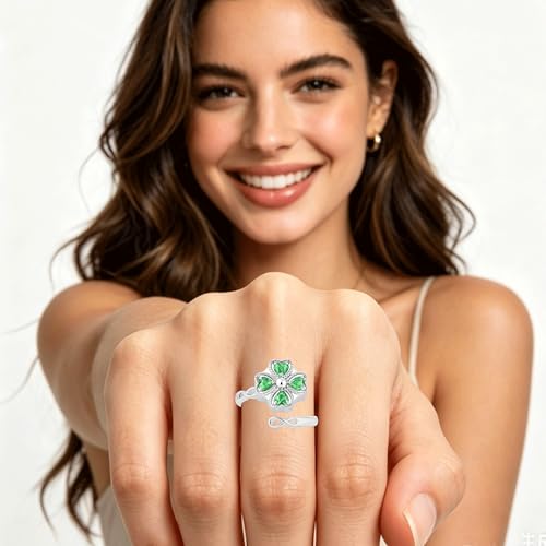 ZOEXUE Four Leaf Clover Cremation Urn Ring for Women, 925 Sterling Silver Adjustable Open Memorial Keepsake Ring with Opal Stones, Holds Ashes Bereavement Sympathy Gift - color: green