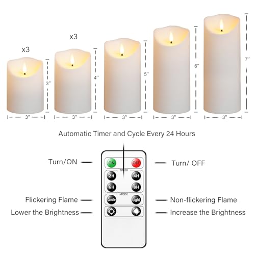 Nimiko Flameless Candles with Remote, Battery Operated Flickering Flameless Candles, LED Candles with Timer 2/4/6/8H, with Realistic LED Candles Set of 9 (D3 x H 3" 4" 5" 6" 7") (White) - color: White