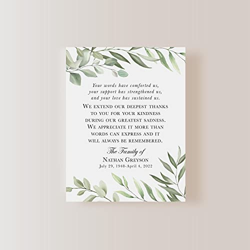 Greenery Funeral Thank You Cards, Sympathy Acknowledgement Cards | Bereavement Notes, With Envelopes, 4.25x5.5", Flat Notecards
