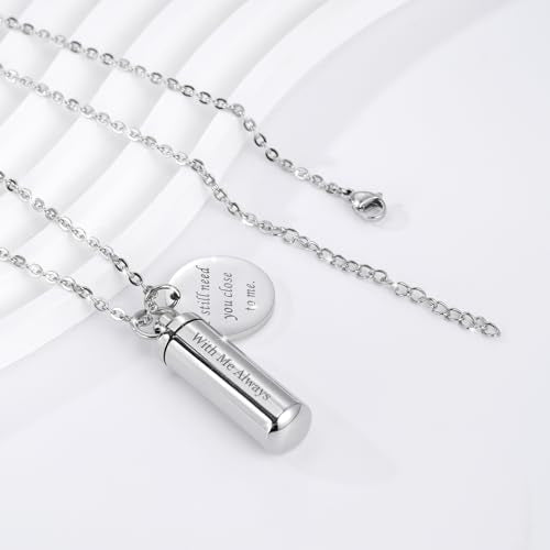Cremation Cylinder Necklace for Ashes Stainless Steel Urn Locket Pendant Ashes Holder Memorial Jewelry - With Me Always - color: Silver