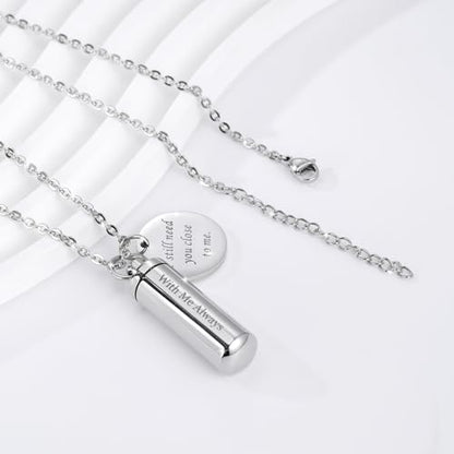 Cremation Cylinder Necklace for Ashes Stainless Steel Urn Locket Pendant Ashes Holder Memorial Jewelry - With Me Always - color: Silver