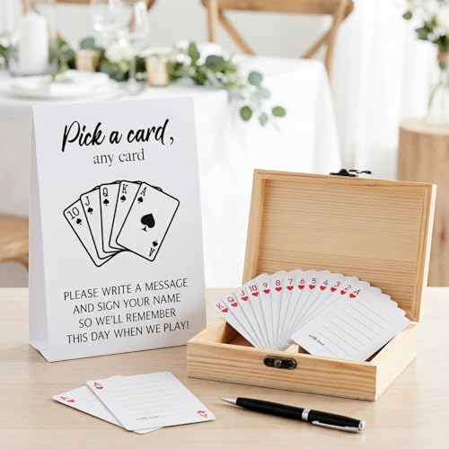 AceOrbit 57 Pack Wedding Guest Book Playing Cards Set with Wooden Box - color: White, style: Classic