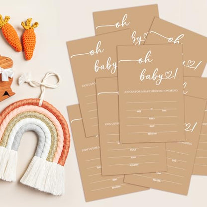 Oh Baby! Brown Baby Shower Invitations for Boys Girls, Minimalism Invite Cards for Baby Announcement, 25 Set of Fill-in Invites with Envelopes, Gender Reveal Party Supplies -B13 - color: Brown-Oh Baby