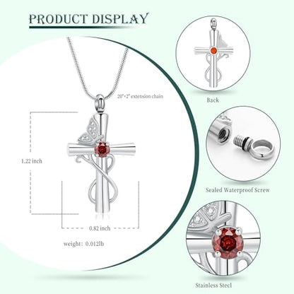 Butterfly Cross Cremation Jewelry Urn Necklaces Cross Butterfly Urn Necklaces for Ashes Memorial Keepsake Pendant for Women Men Gifts With Funnel Kit & Bag - color: Silver+Red