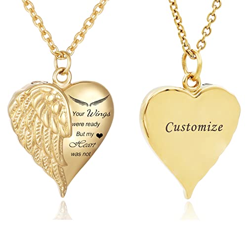 Heart Cremation Urn Necklace Human Ashes Jewelry for Women Men Engraved Your Wings were Ready but My Heart was Not Angel Wings Memorial Pendant Necklace Gift for Family Members - color: Customize