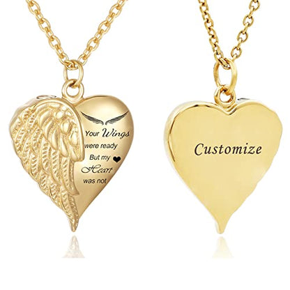 Heart Cremation Urn Necklace Human Ashes Jewelry for Women Men Engraved Your Wings were Ready but My Heart was Not Angel Wings Memorial Pendant Necklace Gift for Family Members - color: Customize