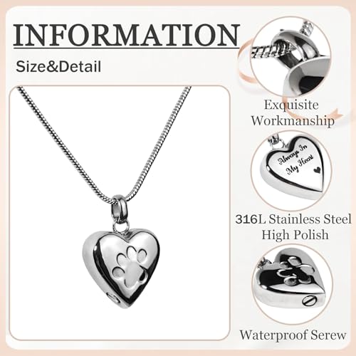 Paw Print Heart Pet Ashes Urn Necklace, Keepsake Pendant-Silver - style: Silver