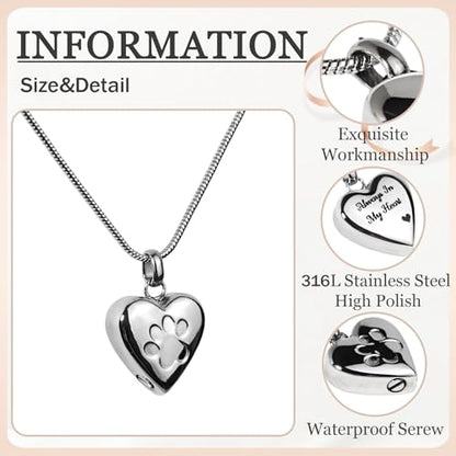 Paw Print Heart Pet Ashes Urn Necklace, Keepsake Pendant-Silver - style: Silver