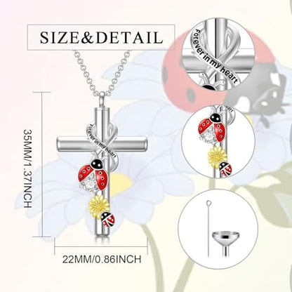 Cross Urn Necklace for Ashes 925 Sterling Silver Cremation Jewelry with Funnel Filler Kit Ashes Necklace for Human Women Girl Pets - color: G_Ladybug Urn Necklace, style: Personalized