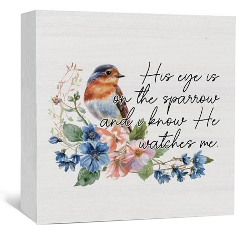 His Eye Is on the Sparrow Birds Decor Sign - Christian Scripture Religious Bird Office Home Shelf Desk Decor,Bible Verse Religious Wooden Box Sign,Christian Bird Gifts For Women - color: Birds-6, size: 5x5 in