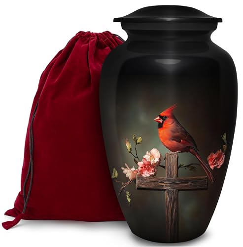Cardinal Cross Cremation Urn for Human Ashes | Red Cardinal Decorative Cremation Urn for Adults, Handmade Funeral Urns with Velvet Bag - color: Cardinal Cross, size: 1 Large Urn