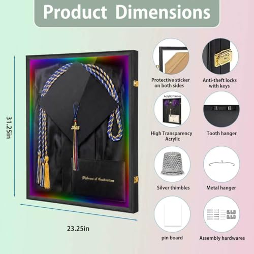 IHEIPYE Large Black Graduation Shadow Box Frame with LED Lights | Wall Mounted Lockable, UV-Protective Door, Keepsake Display Case, Holds Cap, Gown, Diploma, Tassel, Medals - size: LargeLED-Black