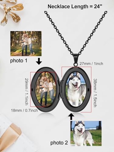 Custom Photo Locket Necklace Women Personalized Text Birth Flower Necklace that Hold Picture Stainless Steel Memorial Jewelry for Mothers Day Christmas - color: Black