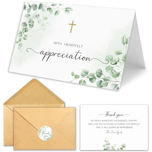 25 Pack Funeral Thank You Cards, Watercolor Eucalyptus Leaves Design | with Envelopes, Bereavement Sympathy Cards, Message Inside, for Funeral Family Friends Loved Ones, Bulk - color: Green