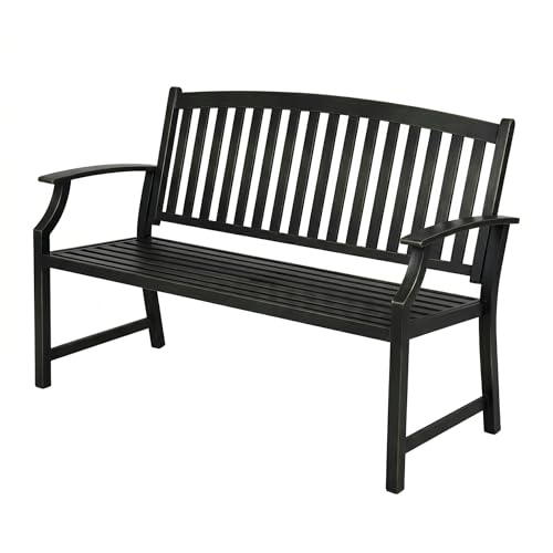 Grand patio 52" Farmhouse Outdoor Bench with Armrest, Black & Gold | Anti-rust Aluminum Frame, Faux Wood Grain Finish, for Front Porch, Yard, Park, Garden - color: Black & Gold