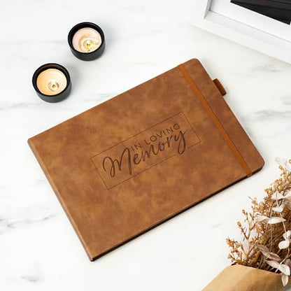 Clever Fox Funeral Guest Book for Memorial Service w/Address, Brown | 10x7 in, 120 pages, Eco leather hardcover, Personalized celebration of life guestbook, Memory book & condolence register - color: Brown