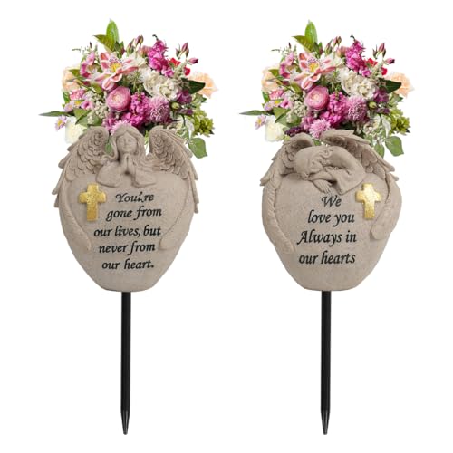 Angel and Cross Cemetery Cemetery Memorial Vase, Cemetery Flower Grave,2-Piece Angel Cemetery vase with Iron Spikes,Garden Decoration， Memorial Gift for Lost Love (3 Granite) - color: 3granite