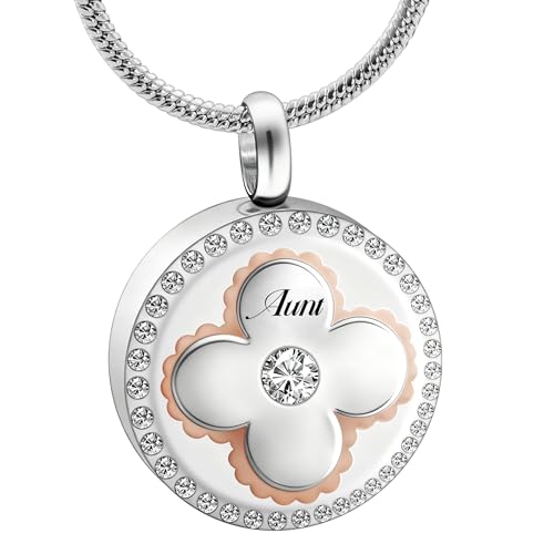Cremation Urn Necklaces for Ashes, Round Stainless Steel Memorial Jewelry Keepsake Pendant for Women Men, Decorative Four-Leaf Clover Touch - style: Aunt