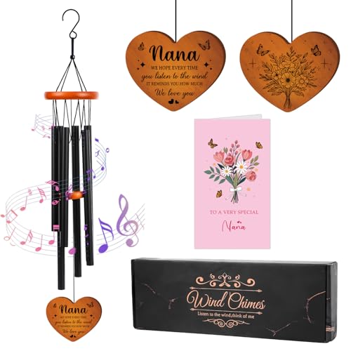 Grandma Gifts Wind Chimes for Outside - Metal Windchime with Wooden Pendant, Greeting Card & Black Box - Unique Birthday for Grandmother from Grandkids, Garden Hanging Decor - color: Grandma Gifts Wind Chimes