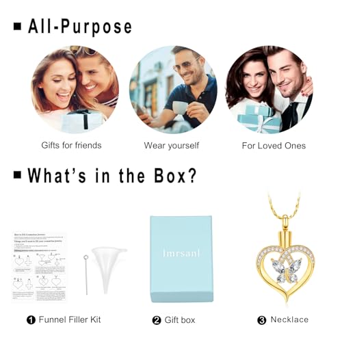Imrsanl Butterfly Heart Pendant Cremation Urn Necklace for Women - color: Gold-White