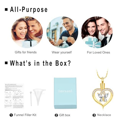 Imrsanl Butterfly Heart Pendant Cremation Urn Necklace for Women - color: Gold-White