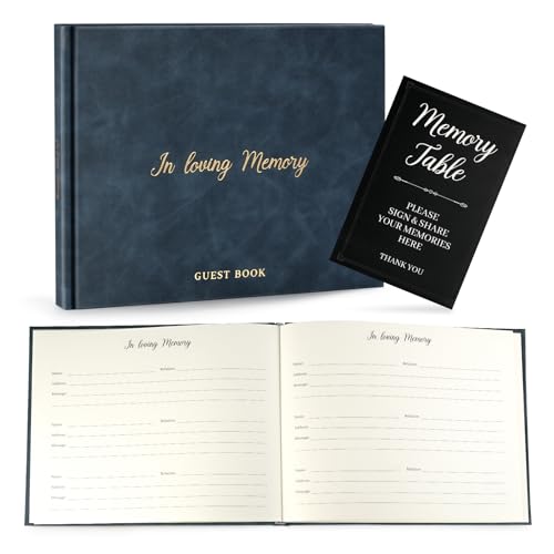 Funeral Guest Book for Memorial Service in Loving Memory Funeral Guest Book with MemoryTable Sign & Back Pocket - Guest Sign in Book for Funeral Service (Navy Blue) - color: Navy Blue