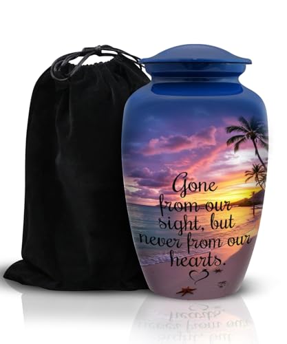 Cremation Urn for Human Ashes Adult – Beach Sunset Printed Funeral Urn for Men & Women, Large Decorative Memorial Urn, Burial Urn with Velvet Bag, 200 Cu/in