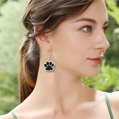 Dreuyet Paw Necklace and Earrings Set for Women Glitter Cute Dog Cat Pet Paw Print Pendant Necklace Earrings Lovely Animal Charm Jewelry Set Gifts - color: Silver Black