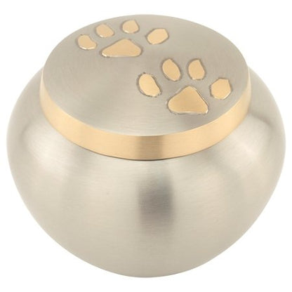 Paw Print Round Pet Cremation Urn for Ashes in Pewter Small, Brass, Small Sized, 3.5 Inches High - color: Pewter Silver, size: Small Pet Urn