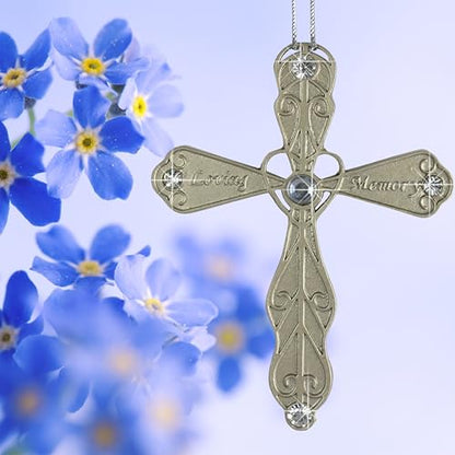 BANBERRY DESIGNS Sympathy Cross Ornament In Loving Memory, Bereavement Cross Gift for Loss of Loved One, Filigree Heart Shaped Jeweled Metal Memorial Hanging Ornament, 3.5 Inch