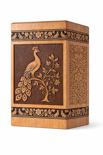 Double Faced urn Peacock Engraved Memorial for Adult Ashes – Decorative Floral Funeral Keepsake Box[Available urn Box in 5 Different Sizes] ((Full Size 14X7.5 600 Cubic INCHES))