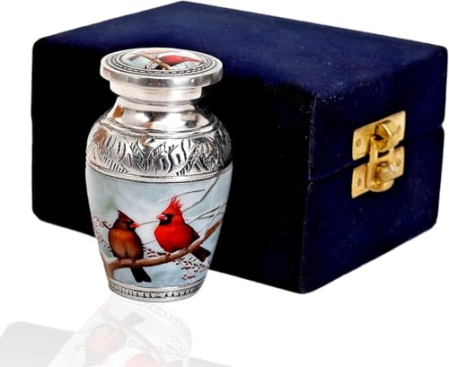 HLC Beautiful Small Cardinal Couple Bird Keepsake Urn - Memorial for Human Ashes with Velvet Box Bag - Peaceful Engraved Mini Affordable Urn (4.5 in) (Large) - size: Mini