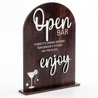 Wood Open Bar Sign Modern Calligraphy for Wedding Drink Station | Modern Calligraphy, Rustic Wooden, Table Top, Wedding Reception and Event Party - color: Brown-Open Bar