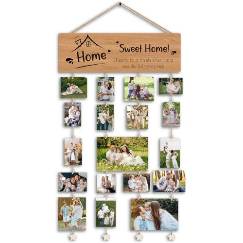 Family Picture Frames Collage Photo Hanging Display Picture Board, | Housewarming Gifts,Family Picture Frames Collage Wall Decor,Housewarming Gift New House Wood Hanging Photo Holder for Wall - color: Home