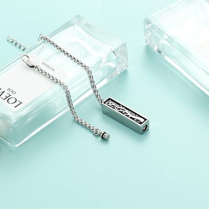 Tree of Life Urn Bracelets for Men Women Cylinder Bar Cremation Jewelry for Ashes Stainless Steel Adjustable Memorial Keepsake Bangle - color: Silver